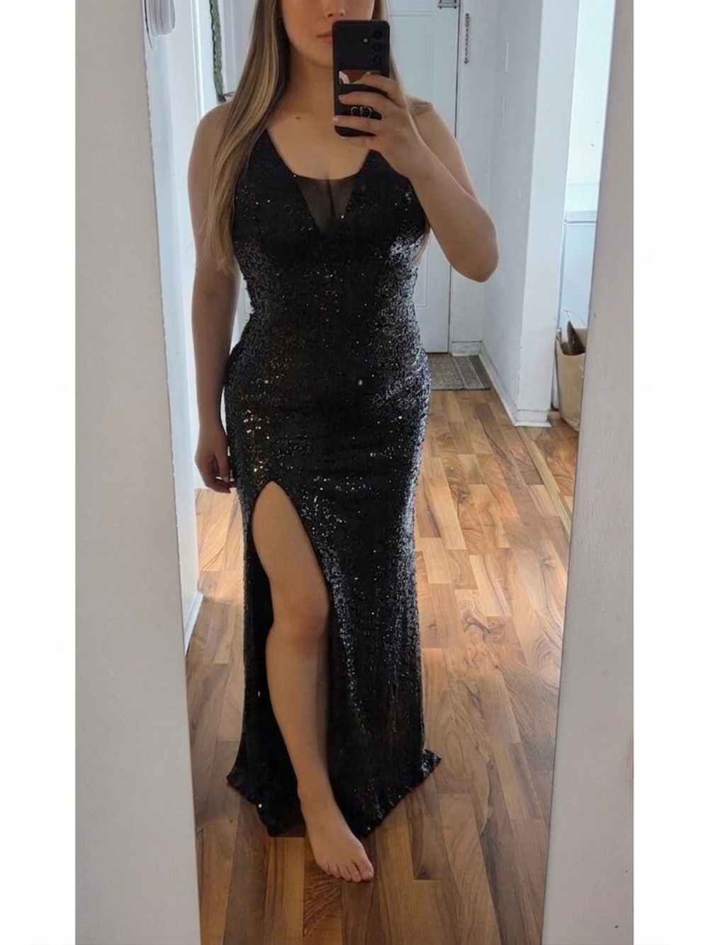 Black Sequin V-Neck Prom Gown with Side Slit